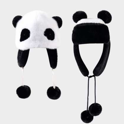 Woman fluffy hat winter panda style..