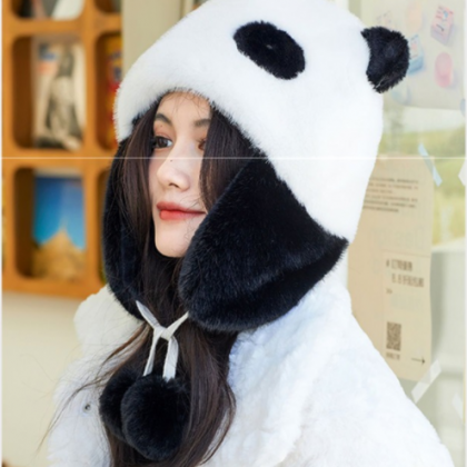 Woman fluffy hat winter panda style..
