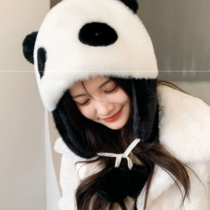 Woman fluffy hat winter panda style..