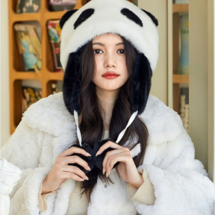 Woman fluffy hat winter panda style..