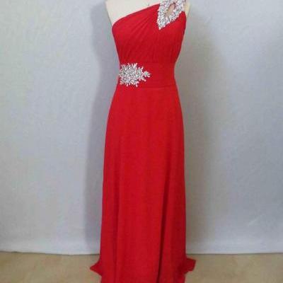 One Shoulder Long Red Chiffon Prom Dresses crystals Floor Length Women Dresses