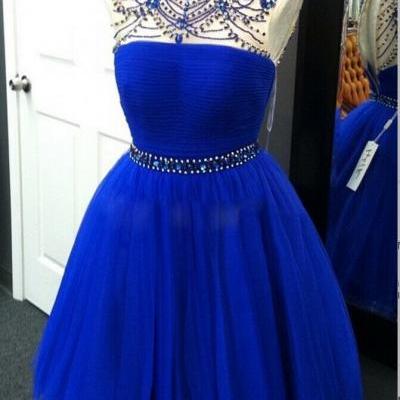 Royal Blue Tulle Prom Dresses Halter Neck Crystals WomenDresses