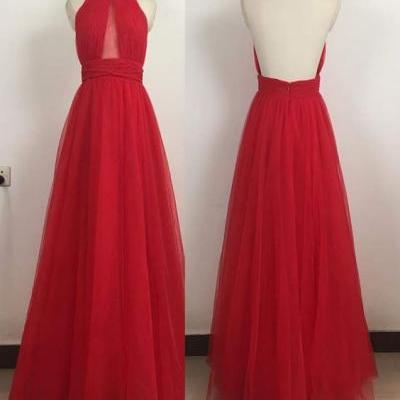 Open Back Long Red Tulle Prom Dress Halter Neck Women Party Dress 