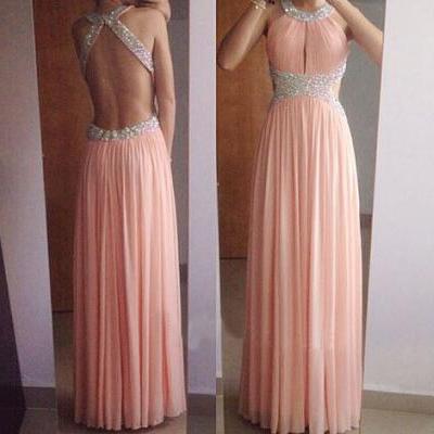 Sexy Backless Chiffon Prom Dresses Crystals Beaded Party Dresses Floor Length Women Dresses