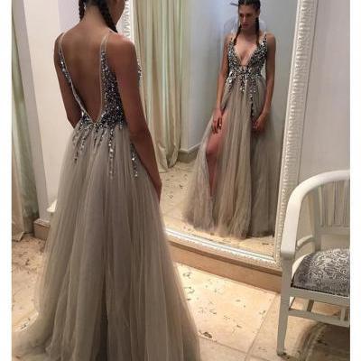 V-neck Long Tulle Prom Dresses Crystals Women Party Dresses