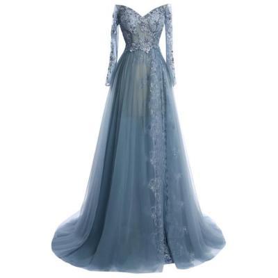 Long Sleeves Tulle Prom Dresses, Lace Appliques Women Party Dresses