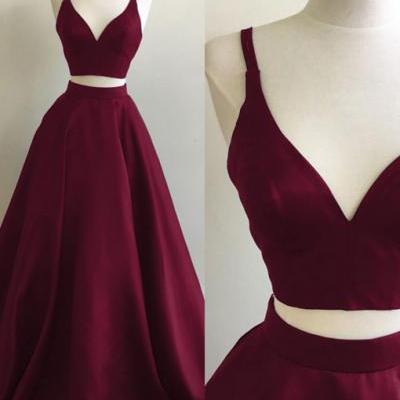 Two Pieces Satin Prom Dresses V-neck Women Party Dresses