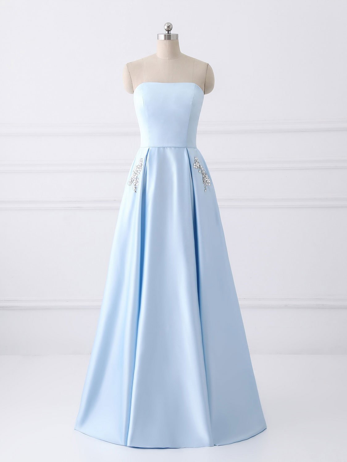 strapless A-line long satin dress women prom dress beaded women dress