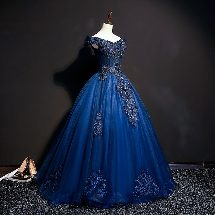 Off The Shoulder Ball Gown Lace Appliques Beaded Floor Length Navy Blue ...