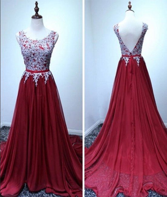 Dark Red Chiffon Prom Dresses, Lace Prom Dresses, Scoop Neck Women Party Dresses 2017