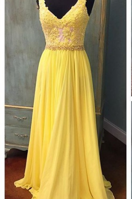 V Neck Yellow Chiffon Prom Dress Lace Appliques Women Party dress