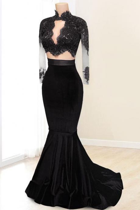 2 Pieces Mermaid Satin Prom Dress Long Sleeves Lace Appliques Floor Length Women Dress