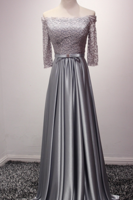 Half Sleeves Gray Satin prom Dress Off the Shoulder Lace Appliques Women Dress