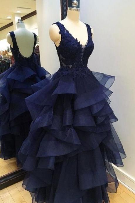 navy Blue Tulle Prom Dress Lace Appliques Floor Length Women Dress 