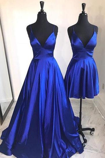 Royal Blue Long Satin Prom Dress Spaghetti Straps Floor Length Women Evening Dress