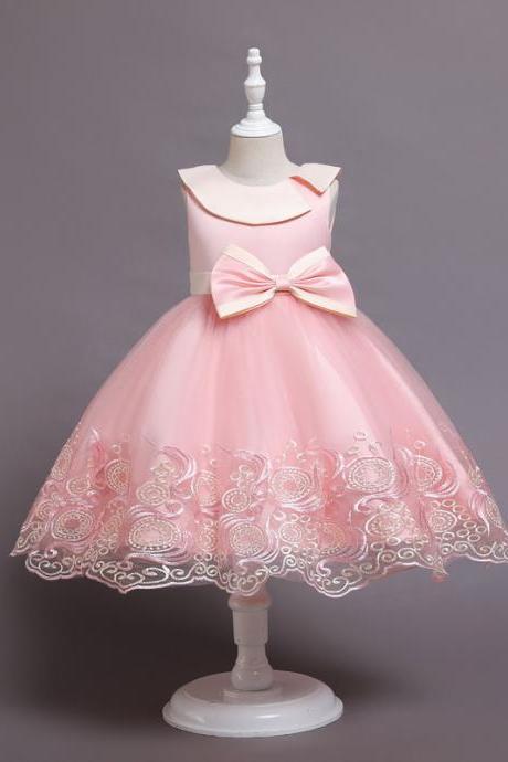 Lovely Pink Tulle Flower Girl Dress Bow Tie Scoop Neck Children Party Dress