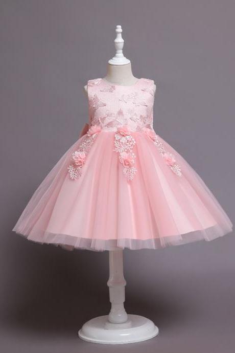 Lovely Pink Tulle V Neck Flower Girl Dress Bow Tie Scoop Neck Children Party Dress