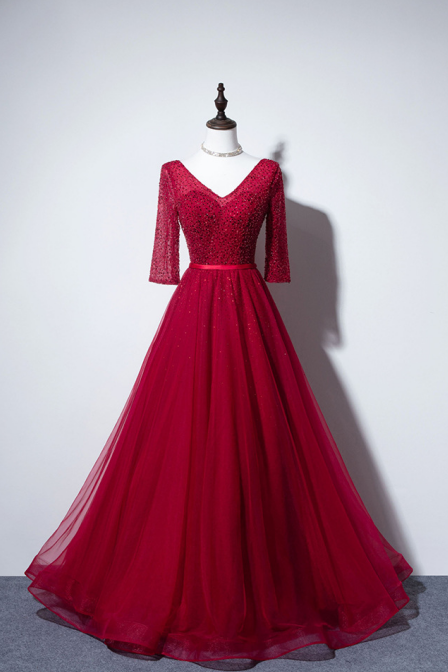 Half Sleeves A-line Long Tulle Prom Dress V Neck Beaded Women Dress Floor Length Evening Dress