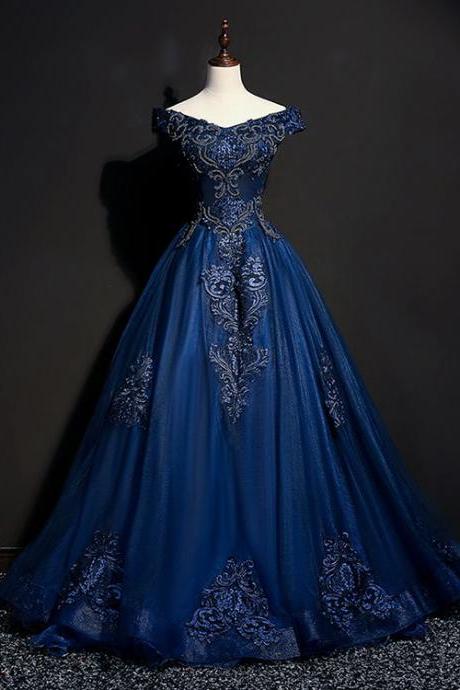 Off the shoulder Ball Gown Lace Appliques Beaded Floor Length Navy Blue Women Evening Dress 2022