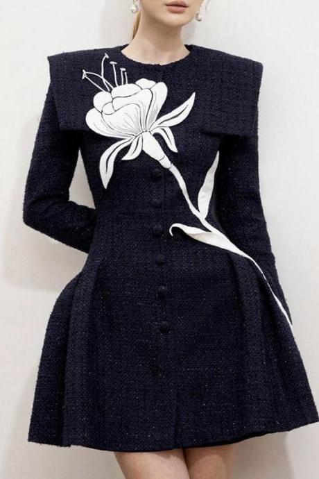 New Charming Short Dark Blue Dress with Flower 
