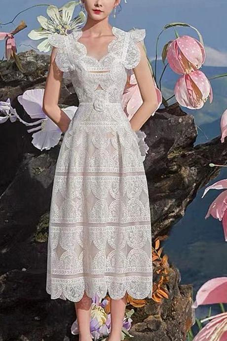 V Neck Long White Embroidery Lace Prom Dress 