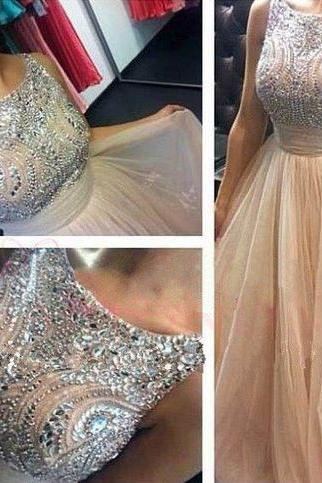 Scoop Neck Long Tulle Prom Dresses Crystals Beaded Party Dresses Floor Length Women Dresses 2016