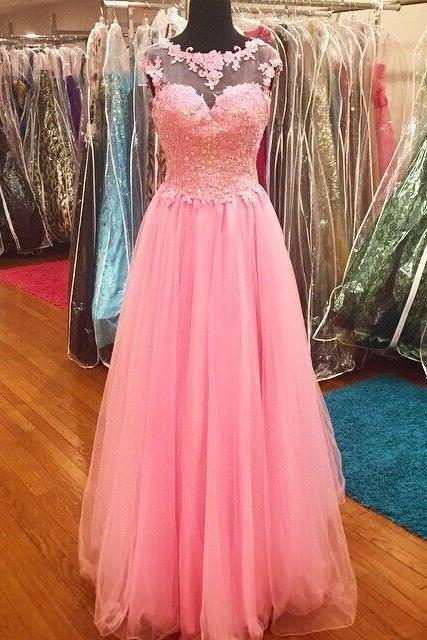 Scoop Neck Long Tulle Prom Dresses Lace Appliques Party Dresses Floor Length Women Dresses 2016 