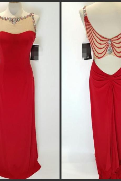 Red Long Chiffon Prom Dresses 2016 Scoop neck Crystals Floor Length Party Dresses Custom Made 