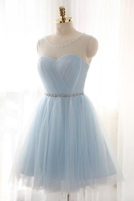 Scoop Neck Tulle Light Blue Homecoming Dresses with Crystals Belt