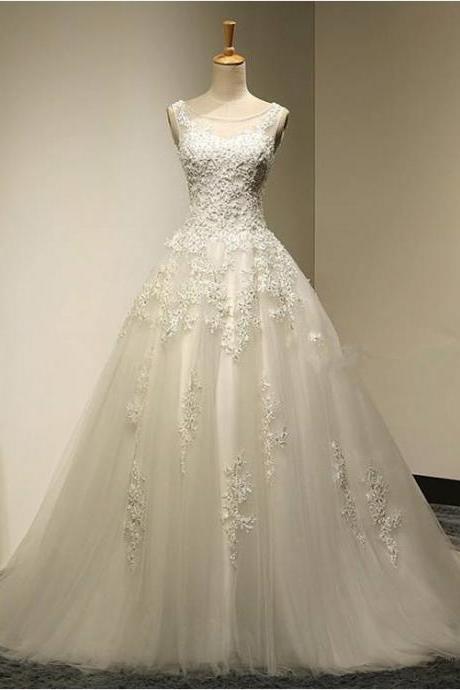 Scoop neck A-line Tulle Wedding Dresses Lace Appliques Women Bridal Gowns 