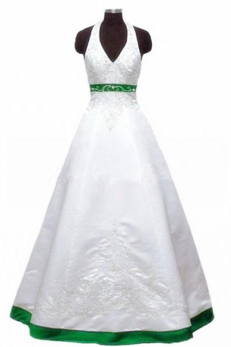 Halter Neck Satin Embroidery Wedding Dresses beaded Women bridal Gowns