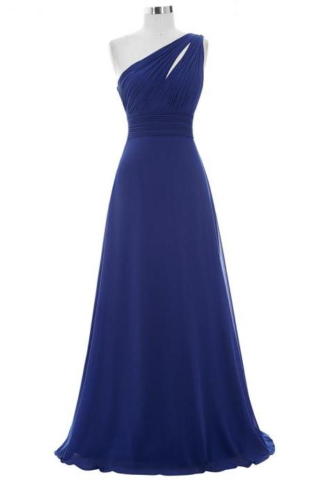 One Shoulder Long Chiffon Dresses Royal blue Women Party Dresses