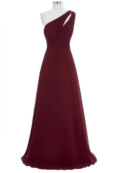 One Shoulder Long Chiffon Dresses Burgundy Women Party Dresses