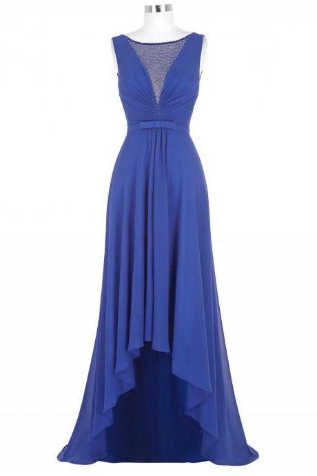 Royal Blue Long Chiffon Prom Dresses Crystals Floor Length Custom Made Party Dresses