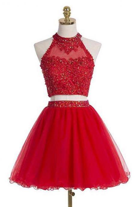 Red Short Two-Piece Homecoming Dress Featuring Beaded Embellished Halter Neck Cropped Bodice, Tulle Skirt and Keyhole Back
