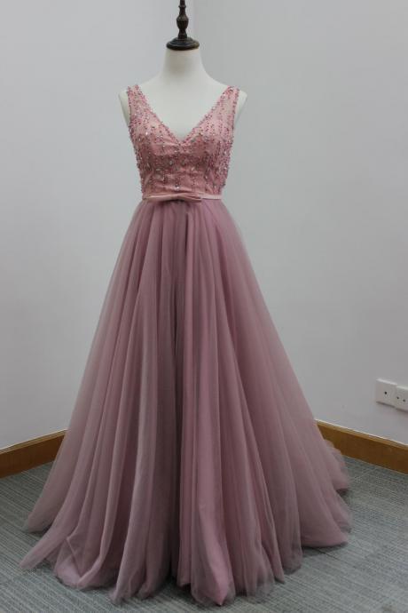 V-neck Long tulle prom Dresses Lace Appliques Beaded Women Party Dresses