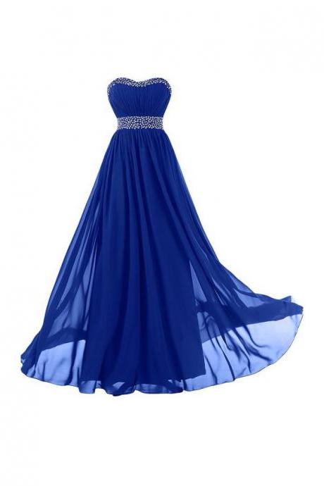 Sweetheart Long Chiffon Prom Dresses Royal blue Crystals Women Party Dresses