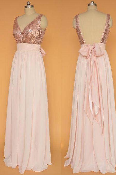 Pink Chiffon Prom Dresses V-neck Sequin Lace Women Party Dresses