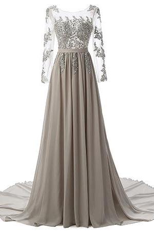 Long Sleeves Chiffon Prom Dresses Scoop Neck Lace Appliques Long Women Dresses