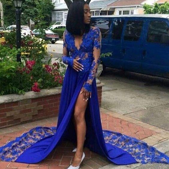 Royal Blue Long Sleeves Appliques Scoop Floor length Prom Dress LBQ1711