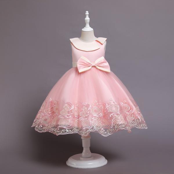 Lovely Pink Tulle Flower Girl Dress Bow Tie Scoop Neck Children Party Dress