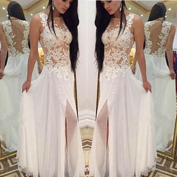 Charming Long Chiffon Prom Dresses Lace Appliques Floor Length Party ...